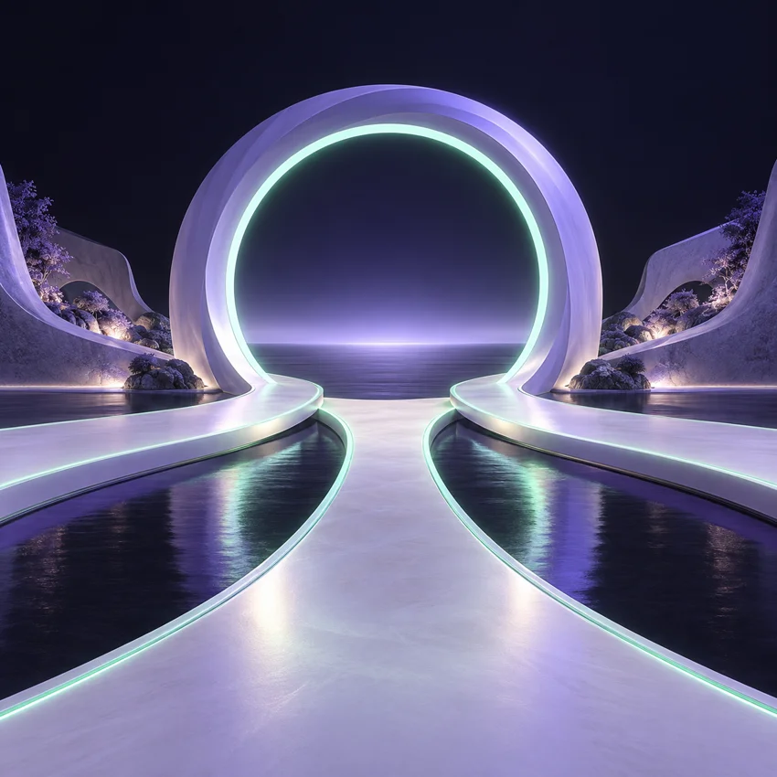 Conceptual illustration of paths converging on an open entrance.