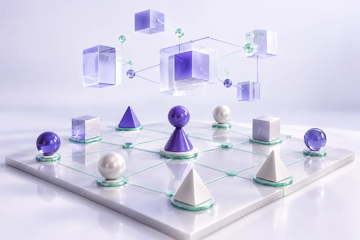 Conceptual illustration of cryptographic games and the digital economy: connected geometric pieces on a board.