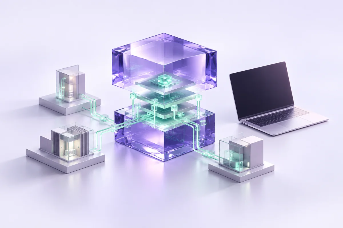 Conceptual illustration of blockchain programming: connected modules and circuits next to a computer.