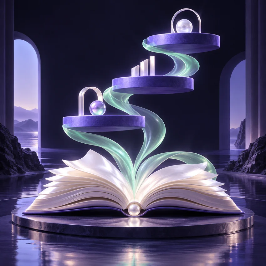 Conceptual illustration of learning: an open book connects several platforms.