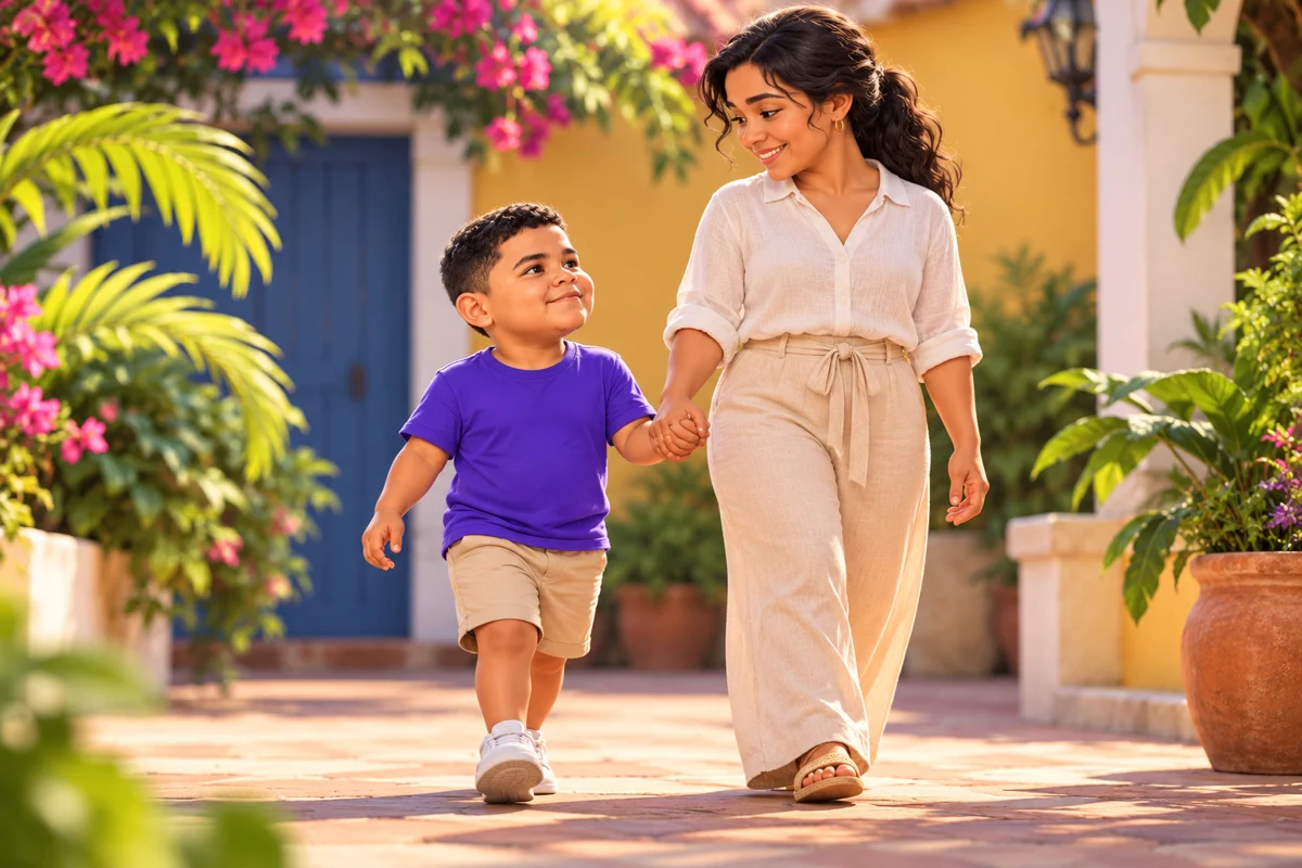 Artistic interpretation: Deiber as a child walking beside his mother in a familiar setting.