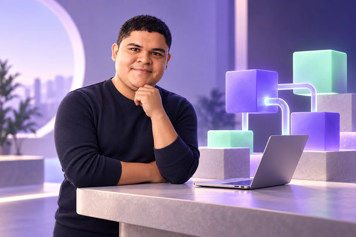 Artistic interpretation: Deiber as an adult next to a computer and connected technology blocks.